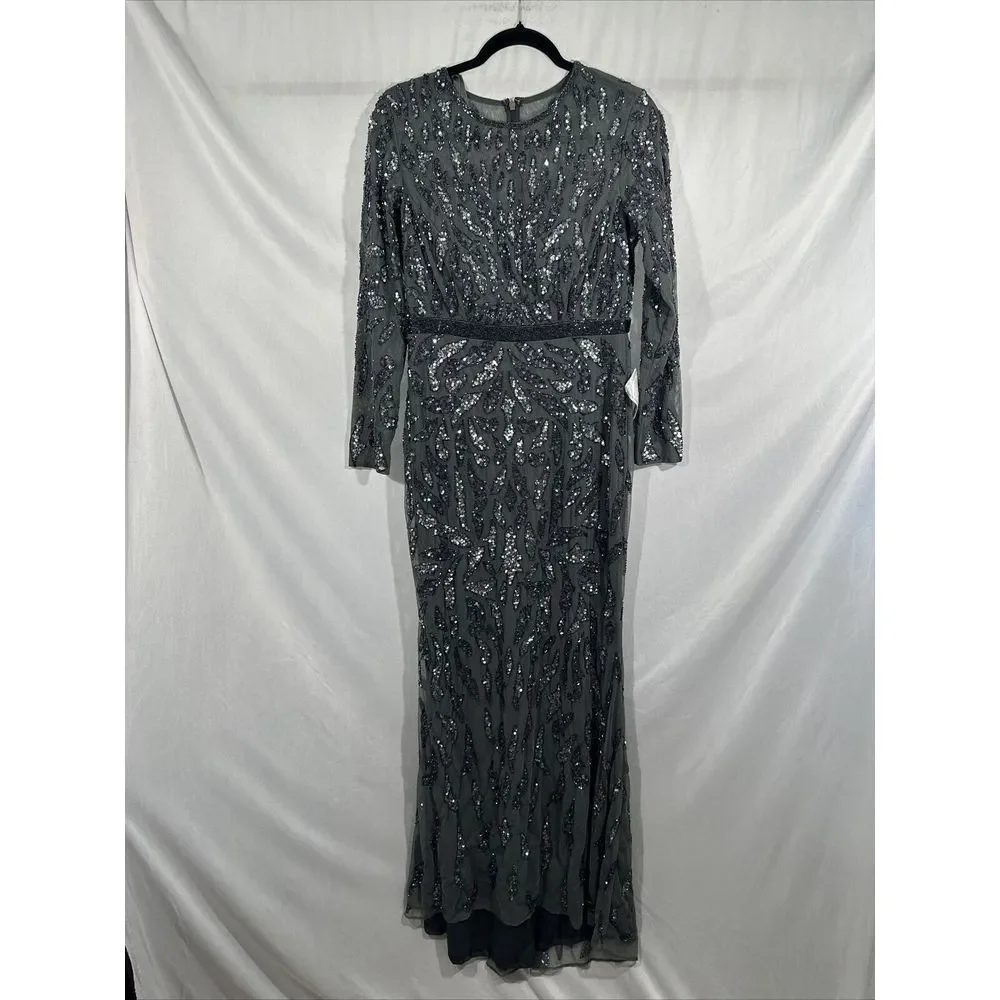 NWT $598 Mac Duggal [‎ 8 ] Beaded Long Sleeve Evening Gown 5124 Charcoal
